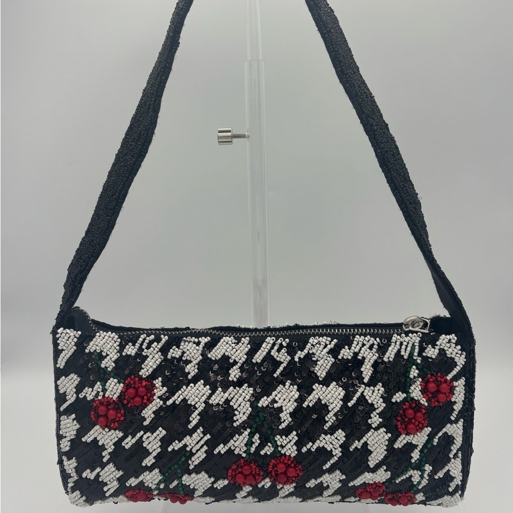 Black Beaded Houndstooth Shoulder Bag - Red Cherry Motif - Made in India - Picture 2 of 10